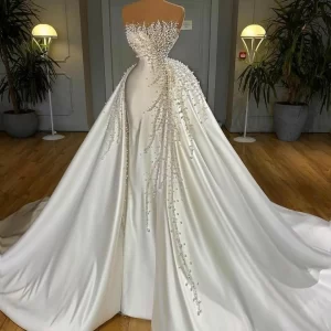 kf-S0661bea746744fd1a32a47cbc10655a4b Luxury Satin Pearls Wedding Dresses 2024 Mermaid Beads Crystal Sleeveless with Removable Train Bridal Wedding Gowns Customized