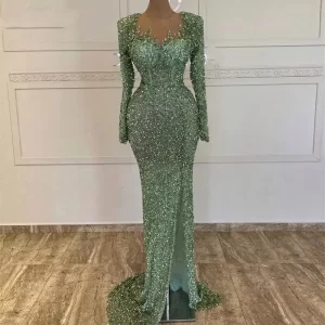 kf-S0fb3ff8fe46f455f9f3d7597faf07575W Luxury Sequined Evening Dresses Mermaid Beads Long Sleeve Women Green Formal Prom Graduation Party Gowns for Wedding Customized