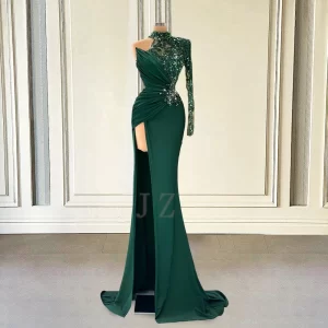 kf-S1c54ceaebf2a4c1a82178f782ec558bfV Green Long Formal Prom Dresses Mermaid Beaded Single Full Sleeves High Slit Women Evening Gowns for Graduation Party Customized