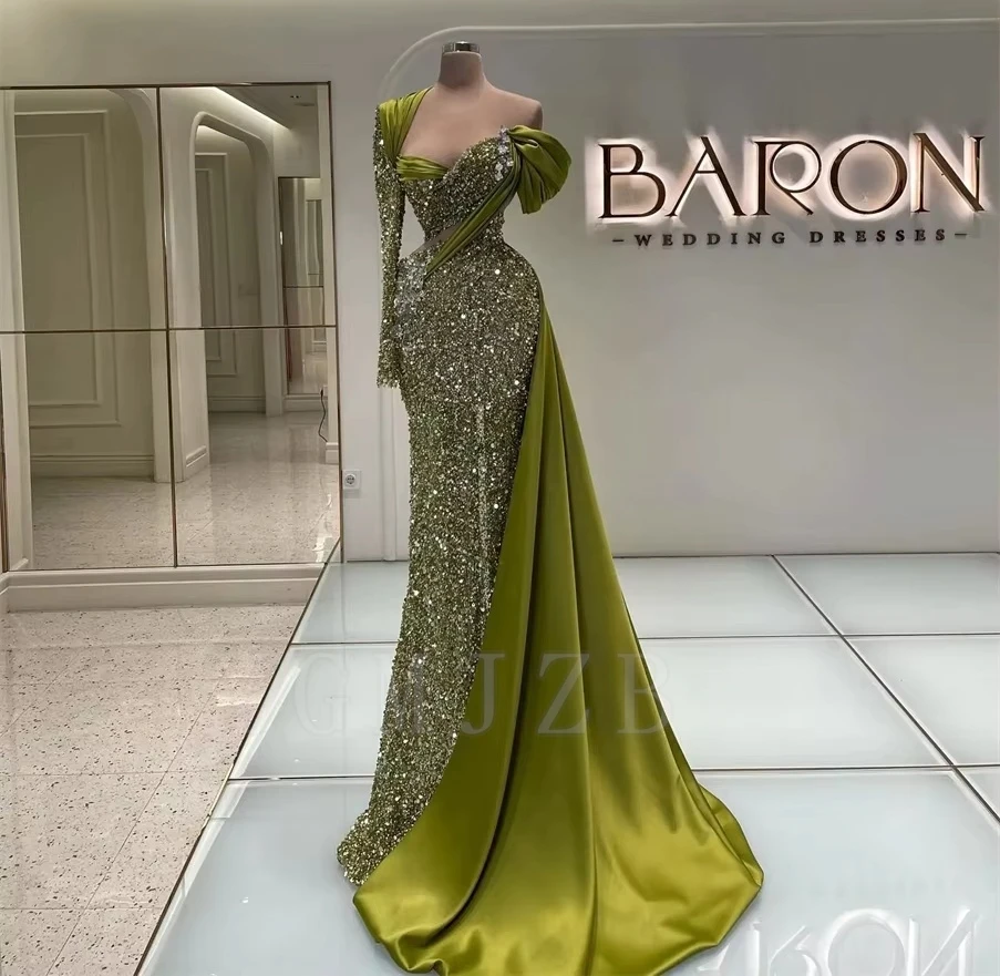 Green Sequin Saudi Evening Dresses Luxury One Shoulder Long Sleeve Formal Gowns Arabic Women Formal Prom Party Gowns Customized
