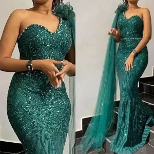 kf-S36d7c54e948440649975edef363307331 Elegant Green Long Evening Dresses Mermaid One Shoulder Sequin Beads Floor Length Formal Prom Party Gowns for Wedding Customized