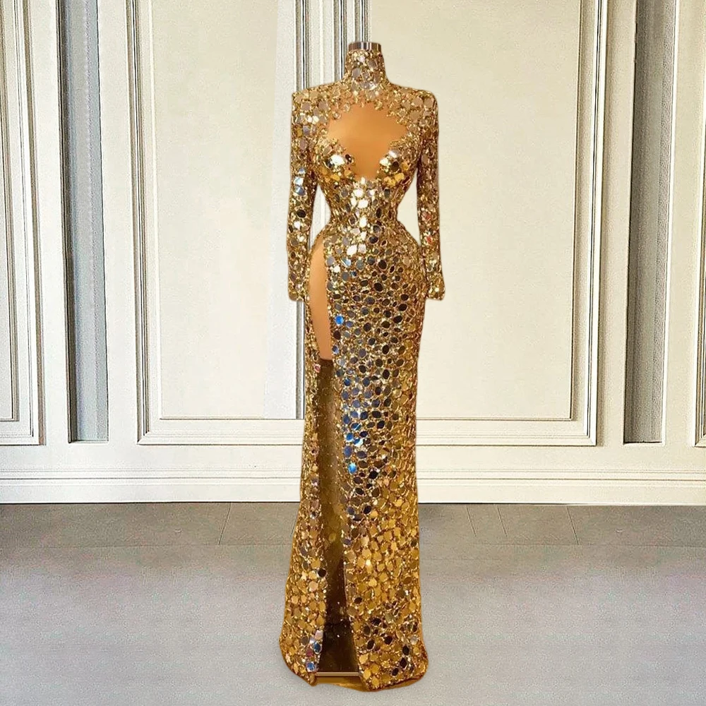 Gold Mirror Sequin Evening Dresses Luxury 2024 Mermaid Beads High Slit Sexy African Women Formal Prom Party Gown Customized - Image 3