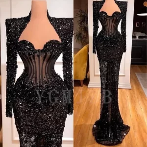 kf-S46d5243c28584cbda2c97c133b0463cfy Black Evening Dresses Luxury Mermaid Beads Rhinestone Long Sleeve Formal Prom Birthday Party Gowns for Wedding Customized