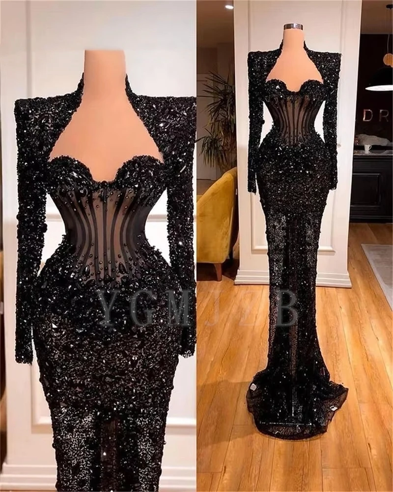 Black Evening Dresses Luxury Mermaid Beads Rhinestone Long Sleeve Formal Prom Birthday Party Gowns for Wedding Customized