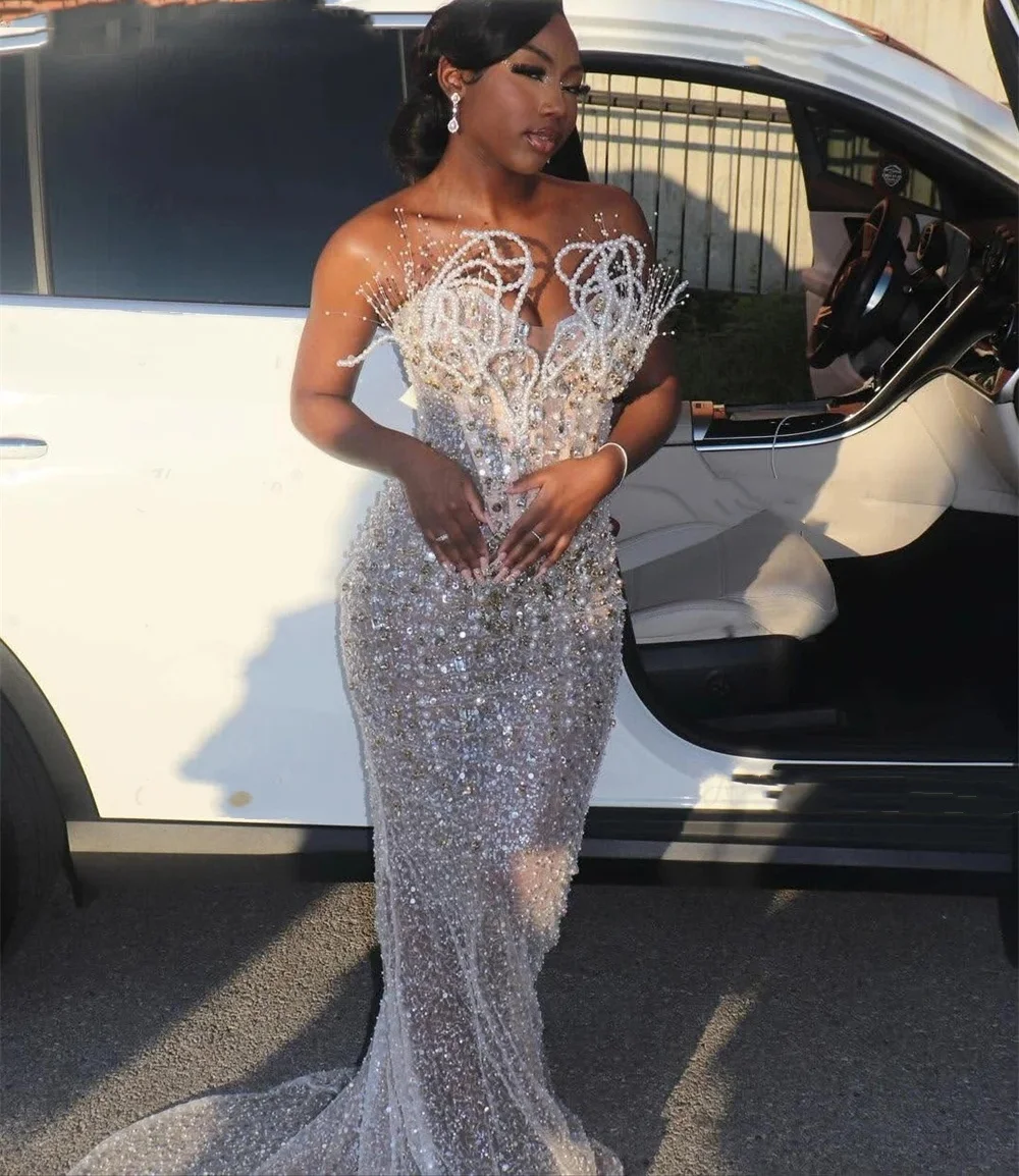 Sparkly Beaded Prom Dresses 2025 Luxury Mermaid 3D Pearls Corset Aso Ebi Wedding Party Birthday Formal Evening Gown Customized - Image 4