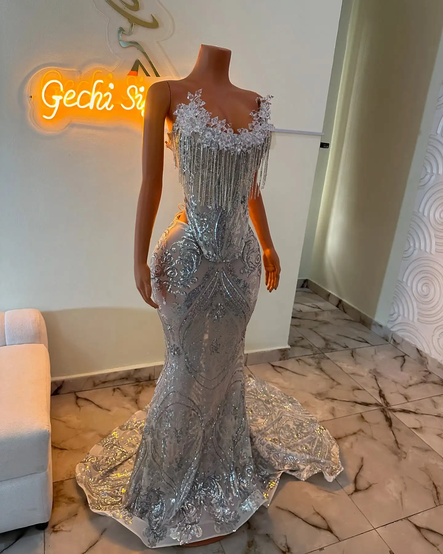 Silver Mermaid Long Prom Dresses 2025 For Black Girls Corset Strapless Sequin Crystal Tassel Evening Gowns For Party Customized - Image 2