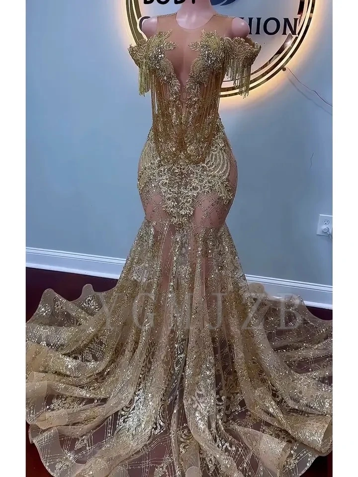 Glittle Gold Long Prom Dresses 2025 Luxury Off Shoulder Bead Rhinestones Tassels Formal Party Gala Graduation Gowns Customized