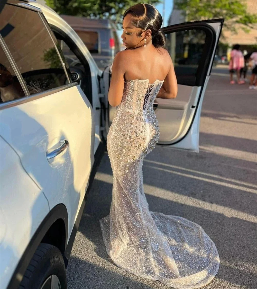 Sparkly Beaded Prom Dresses 2025 Luxury Mermaid 3D Pearls Corset Aso Ebi Wedding Party Birthday Formal Evening Gown Customized - Image 3
