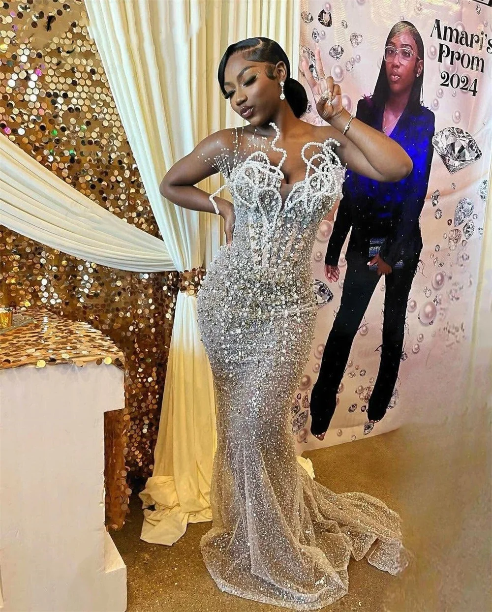 Sparkly Beaded Prom Dresses 2025 Luxury Mermaid 3D Pearls Corset Aso Ebi Wedding Party Birthday Formal Evening Gown Customized