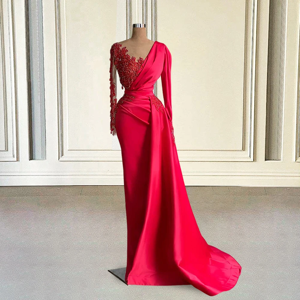 Red Long Prom Dresses Luxury Mermaid Beaded Crystals Full Sleeves Formal Evening Gowns Special Occasions Robe Soirée Customized