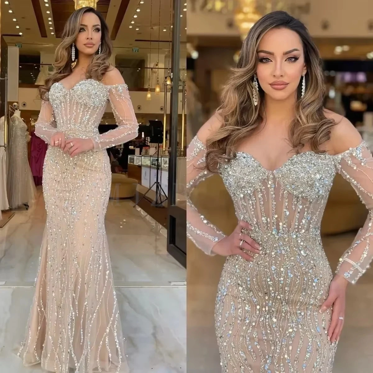 Off the Shoulder Champagne Long Evening Dresses Luxury 2025 Mermaid Beaded Prom Wedding Party Gown Special Occasions Customized - Image 3