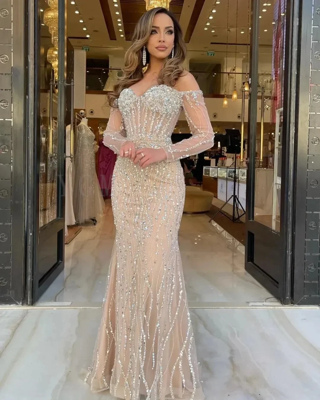 Off the Shoulder Champagne Long Evening Dresses Luxury 2025 Mermaid Beaded Prom Wedding Party Gown Special Occasions Customized