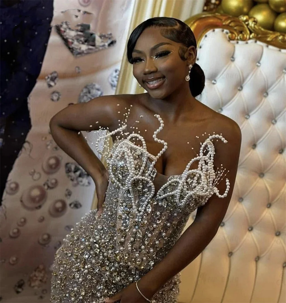 Sparkly Beaded Prom Dresses 2025 Luxury Mermaid 3D Pearls Corset Aso Ebi Wedding Party Birthday Formal Evening Gown Customized - Image 2