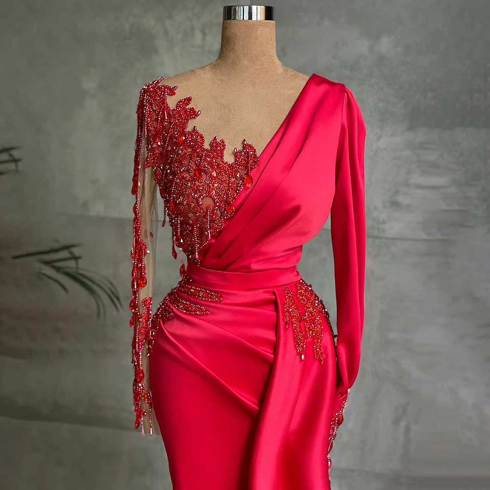 Red Long Prom Dresses Luxury Mermaid Beaded Crystals Full Sleeves Formal Evening Gowns Special Occasions Robe Soirée Customized - Image 2
